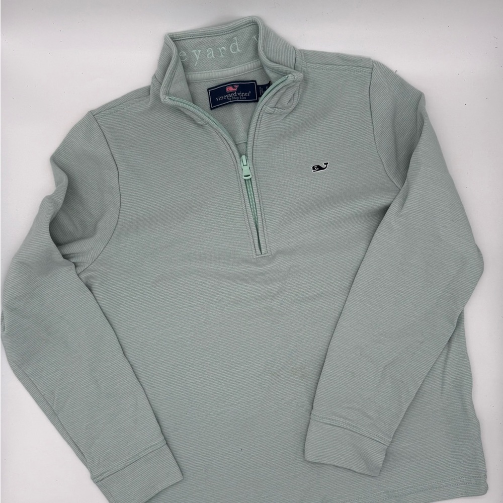 Vineyard Vines Boys Saltwater Quarter-Zip Green & White Mini Stripe - size M